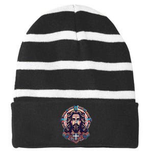 Jesus Abstract Art Striped Beanie with Solid Band