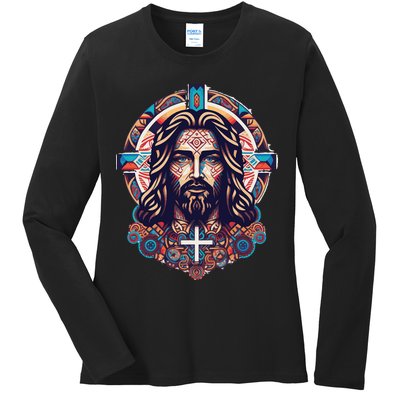 Jesus Abstract Art Ladies Long Sleeve Shirt