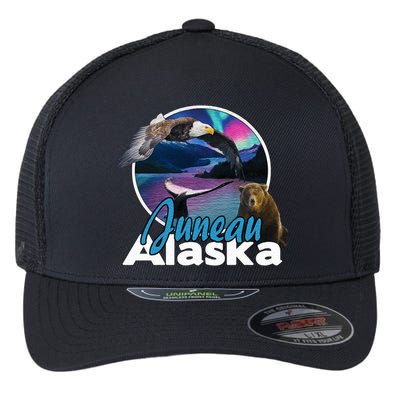 Juneau Alaska Aurora Borealis Eagle Bear Whale Souvenir Cute Gift Flexfit Unipanel Trucker Cap