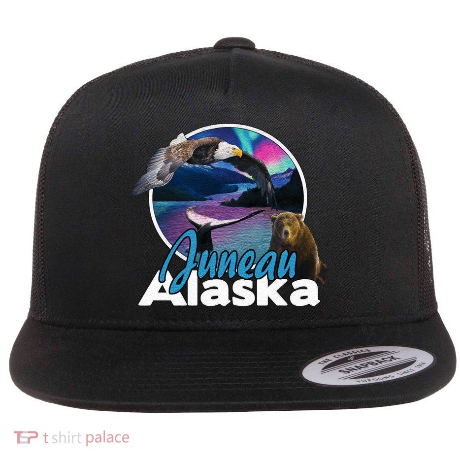 Juneau Alaska Aurora Borealis Eagle Bear Whale Souvenir Cute Gift Flatbill Hat
