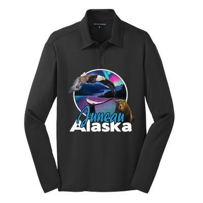 Juneau Alaska Aurora Borealis Eagle Bear Whale Souvenir Cute Gift Silk Touch Performance Long Sleeve Polo