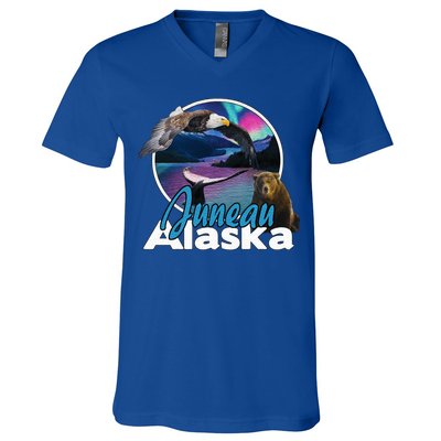 Juneau Alaska Aurora Borealis Eagle Bear Whale Souvenir Cute Gift V-Neck T-Shirt
