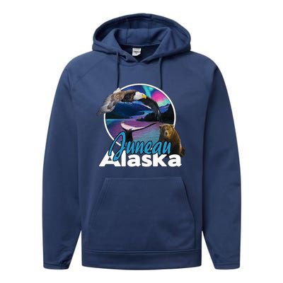 Juneau Alaska Aurora Borealis Eagle Bear Whale Souvenir Cute Gift Performance Fleece Hoodie