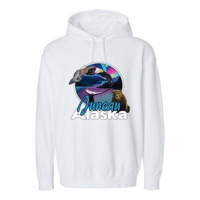 Juneau Alaska Aurora Borealis Eagle Bear Whale Souvenir Cute Gift Garment-Dyed Fleece Hoodie