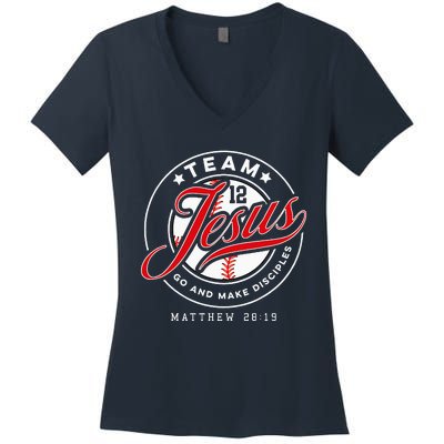 Jesus And Baseball Team Jesus Christian Matthew 28 19 Verse Women's V-Neck T-Shirt