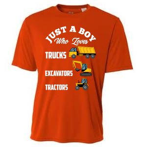 Just A Boy Who Loves Trucks Excavators Tractors Boy Cooling Performance Crew T-Shirt