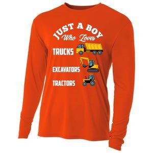 Just A Boy Who Loves Trucks Excavators Tractors Boy Cooling Performance Long Sleeve Crew