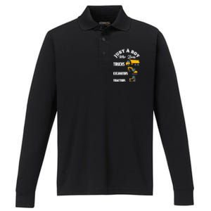 Just A Boy Who Loves Trucks Excavators Tractors Boy Performance Long Sleeve Polo