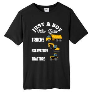 Just A Boy Who Loves Trucks Excavators Tractors Boy Tall Fusion ChromaSoft Performance T-Shirt