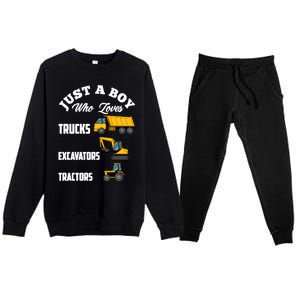 Just A Boy Who Loves Trucks Excavators Tractors Boy Premium Crewneck Sweatsuit Set