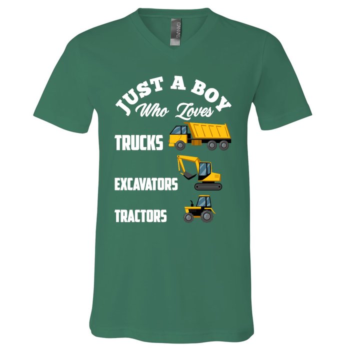 Just A Boy Who Loves Trucks Excavators Tractors Boy V-Neck T-Shirt