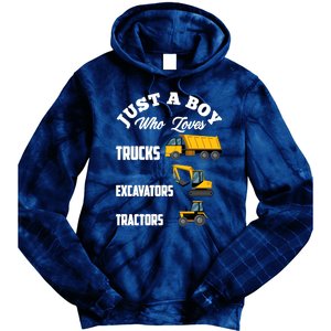 Just A Boy Who Loves Trucks Excavators Tractors Boy Tie Dye Hoodie