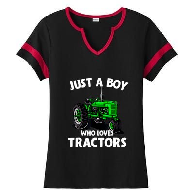 Just A Boy Who Loves Tractors Christmas Farm Life Ladies Halftime Notch Neck Tee