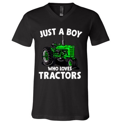 Just A Boy Who Loves Tractors Christmas Farm Life V-Neck T-Shirt