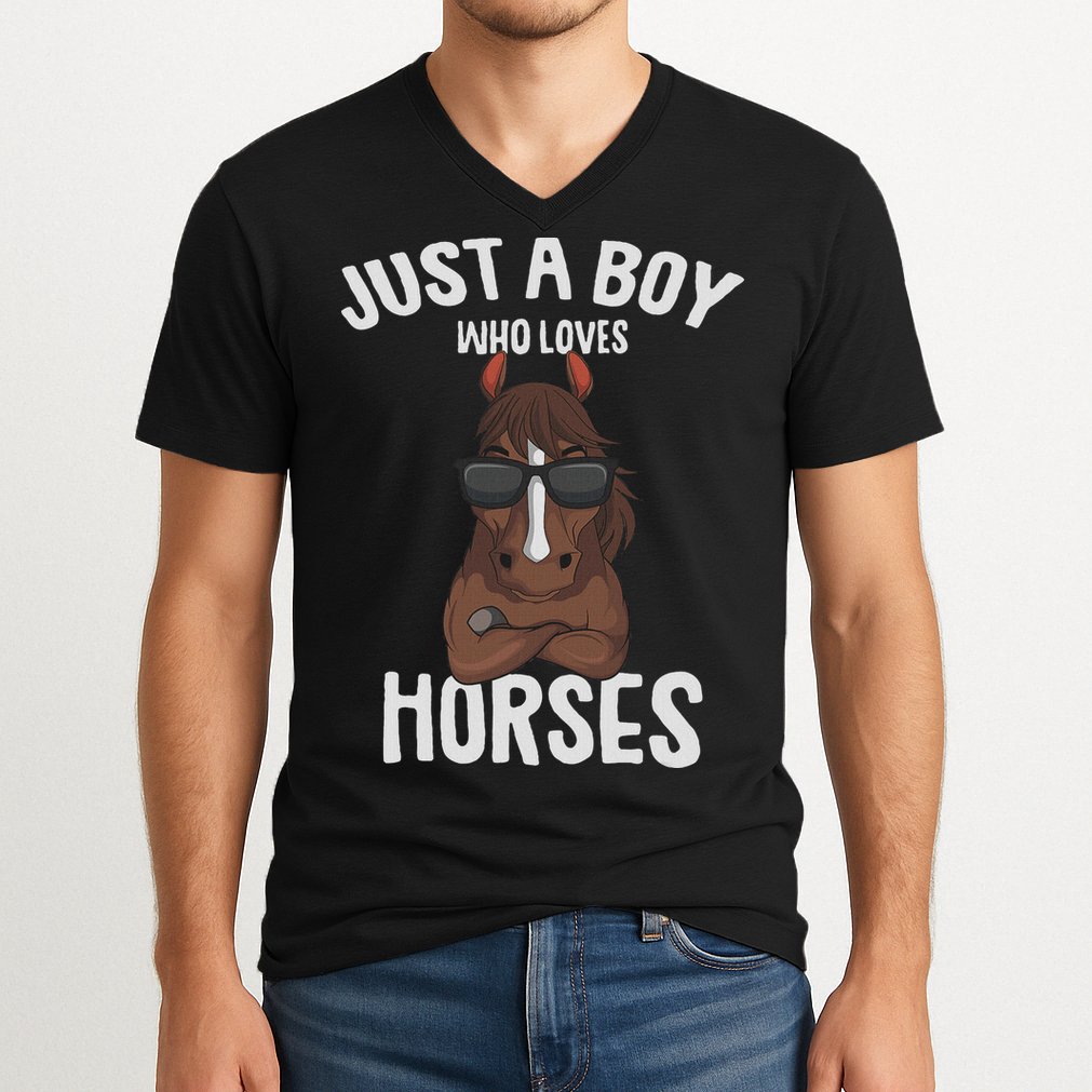 Just A Boy Who Loves Horses Equestrian Horseback Riding V-Neck T-Shirt