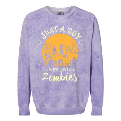 Just A Boy Who Loves Zombies Halloween Fan Funny Halloween Colorblast Crewneck Sweatshirt