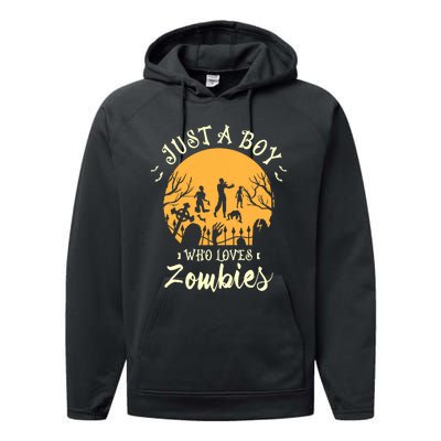 Just A Boy Who Loves Zombies Halloween Fan Funny Halloween Performance Fleece Hoodie