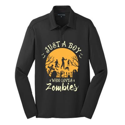 Just A Boy Who Loves Zombies Halloween Fan Funny Halloween Silk Touch Performance Long Sleeve Polo