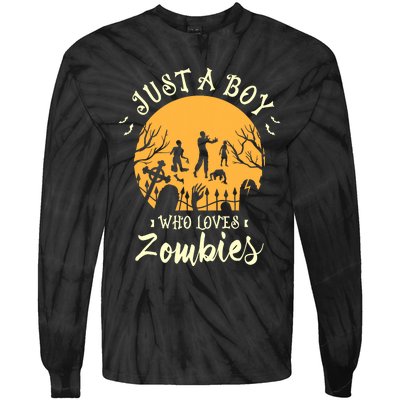 Just A Boy Who Loves Zombies Halloween Fan Funny Halloween Tie-Dye Long Sleeve Shirt