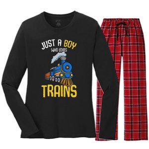 Just A Boy Who Loves Trains Locomotive Train Women's Long Sleeve Flannel Pajama Set 