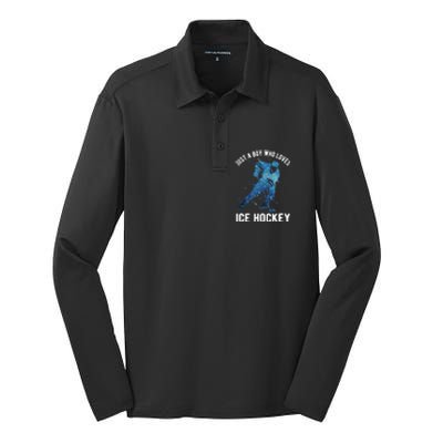 Just A Boy Who Loves Ice Hockey Silk Touch Performance Long Sleeve Polo