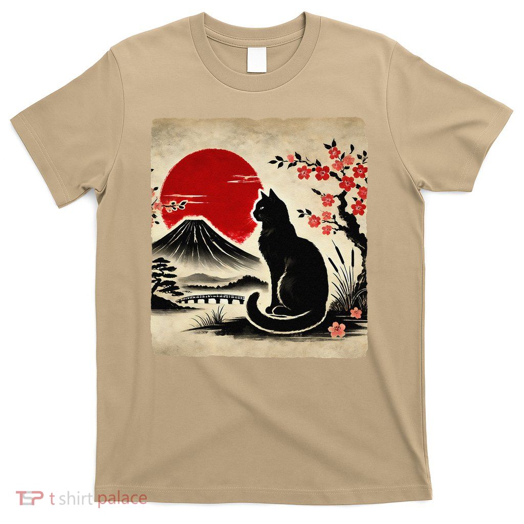 Japanese Art Black Cat Mount Fuji Cherry Blossoms Red T-Shirt