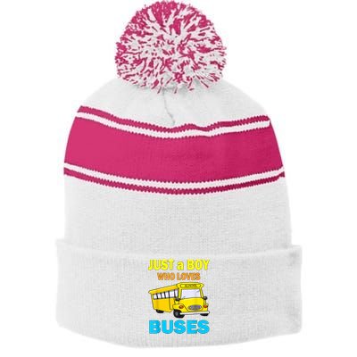 Just A Boy Who Loves School Buses & Cute Bus Lovers Stripe Pom Pom Beanie