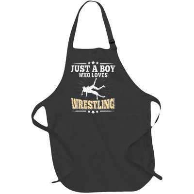 Just A Boy Who Loves Wrestling Funny Wrestle Lover Wrestler Full-Length Apron With Pockets