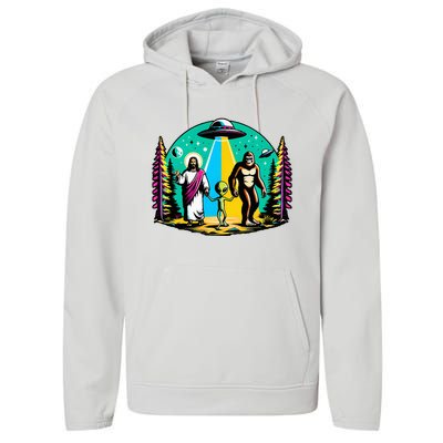 Jesus Alien Bigfoot And UfoS Performance Fleece Hoodie