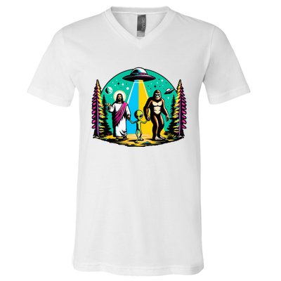 Jesus Alien Bigfoot And UfoS V-Neck T-Shirt