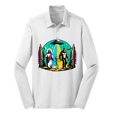 Jesus Alien Bigfoot And UfoS Silk Touch Performance Long Sleeve Polo