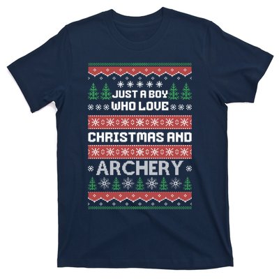 Just A Boy Who Love Christmas And Archery Ugly Christmas Sweater Colorful T-Shirt