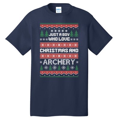 Just A Boy Who Love Christmas And Archery Ugly Christmas Sweater Colorful Tall T-Shirt