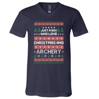 Just A Boy Who Love Christmas And Archery Ugly Christmas Sweater Colorful V-Neck T-Shirt