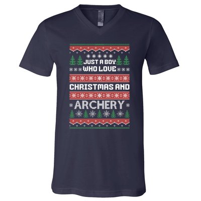 Just A Boy Who Love Christmas And Archery Ugly Christmas Sweater Colorful V-Neck T-Shirt