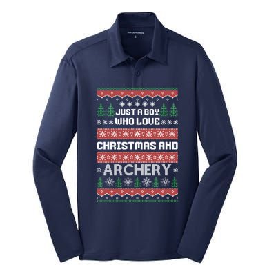 Just A Boy Who Love Christmas And Archery Ugly Christmas Sweater Colorful Silk Touch Performance Long Sleeve Polo