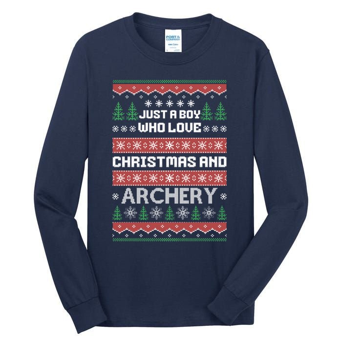 Just A Boy Who Love Christmas And Archery Ugly Christmas Sweater Colorful Tall Long Sleeve T-Shirt