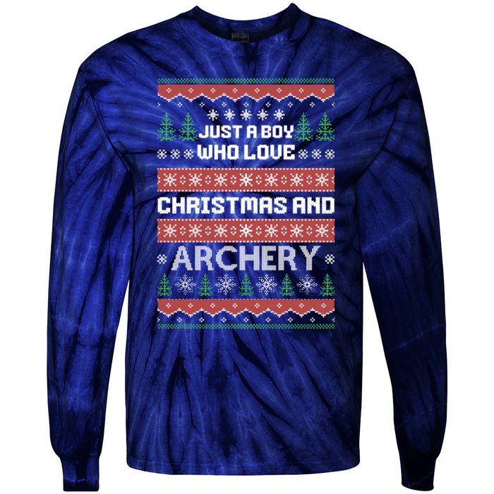 Just A Boy Who Love Christmas And Archery Ugly Christmas Sweater Colorful Tie-Dye Long Sleeve Shirt