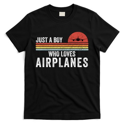 Just A Boy Who Loves Airplanes Funny Aviation Funny Pilot Airplane Enthusiast T-Shirt