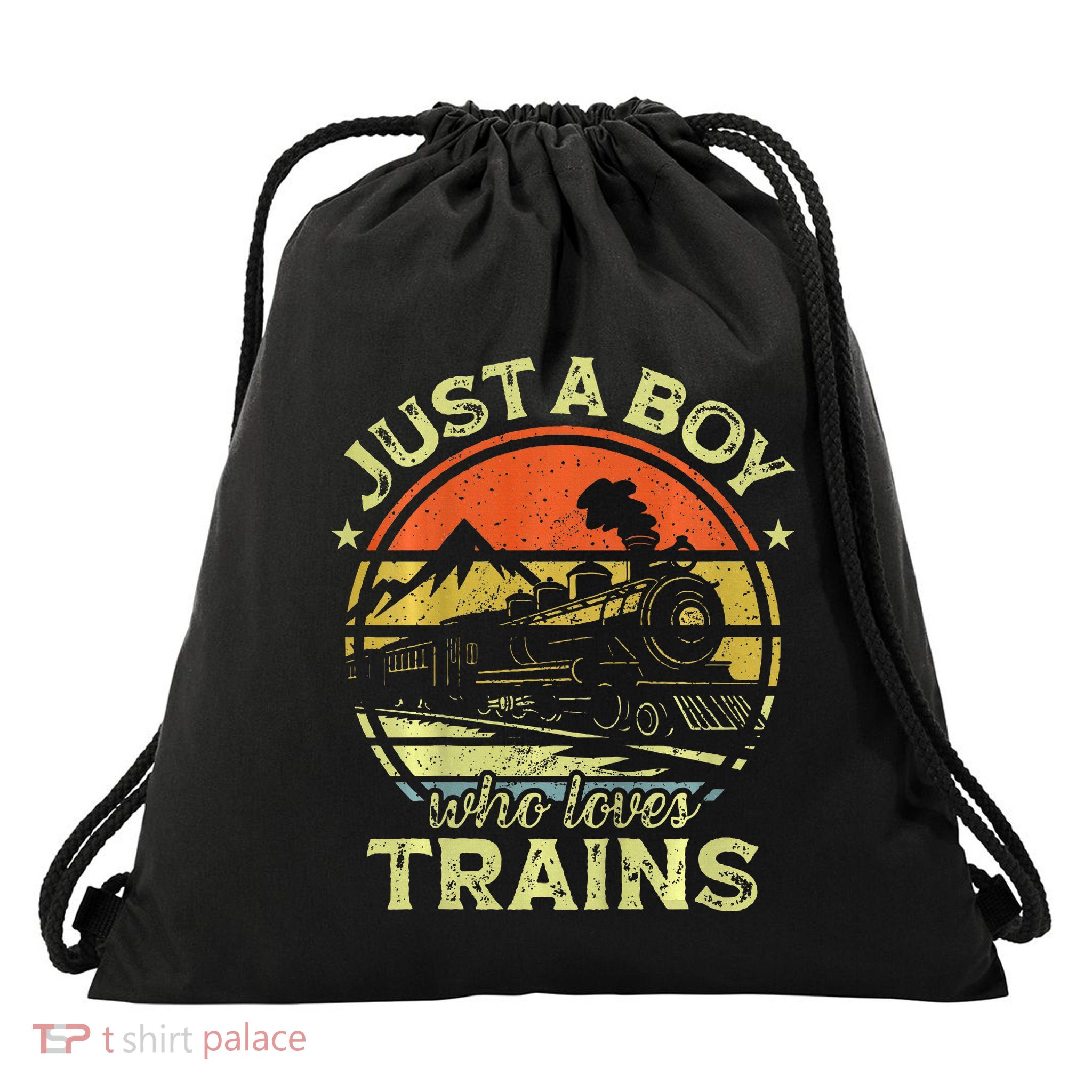 Just A Boy Who Loves Trains Drawstring Bag