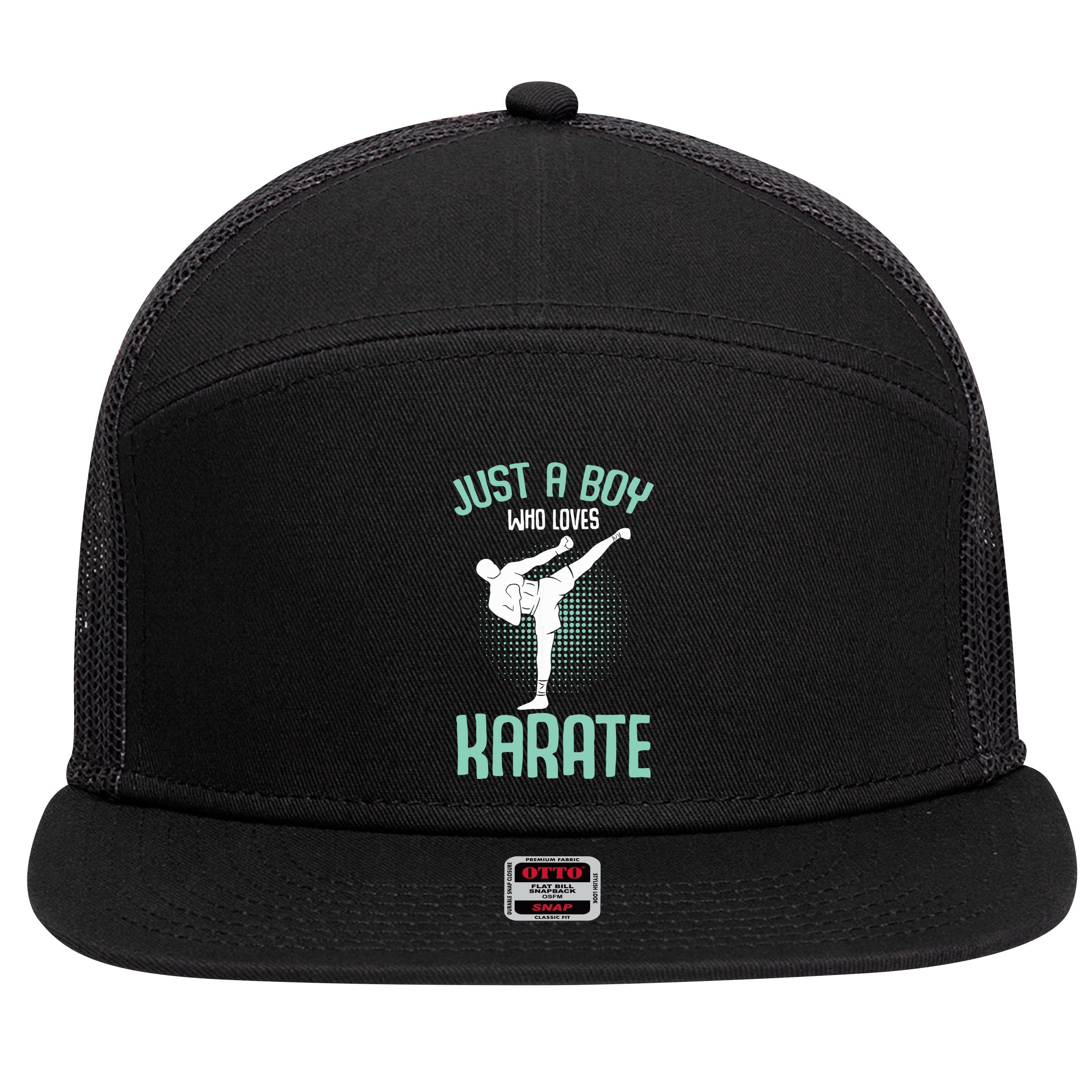 Just A Boy Who Loves Karate Boy 7 Panel Mesh Trucker Snapback Hat