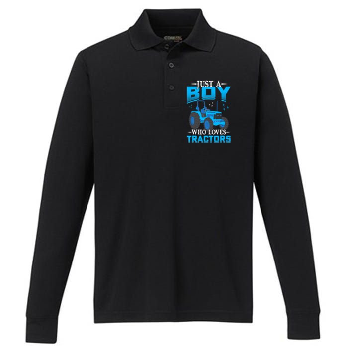 Just A Boy Who Loves Tractors Farm Boy Performance Long Sleeve Polo