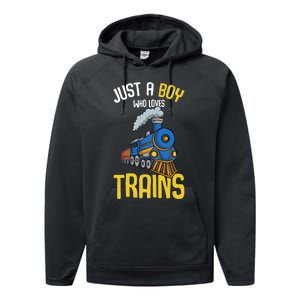 Just A Boy Who Loves Trains Locomotive Train Performance Fleece Hoodie