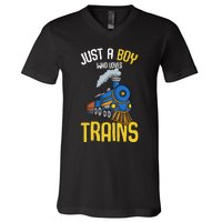 Just A Boy Who Loves Trains Locomotive Train V-Neck T-Shirt