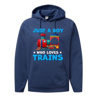 Just A Boy Who Loves Trains Cute Train Lovers Performance Fleece Hoodie