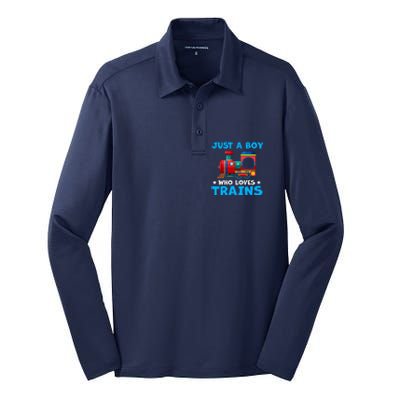 Just A Boy Who Loves Trains Cute Train Lovers Silk Touch Performance Long Sleeve Polo