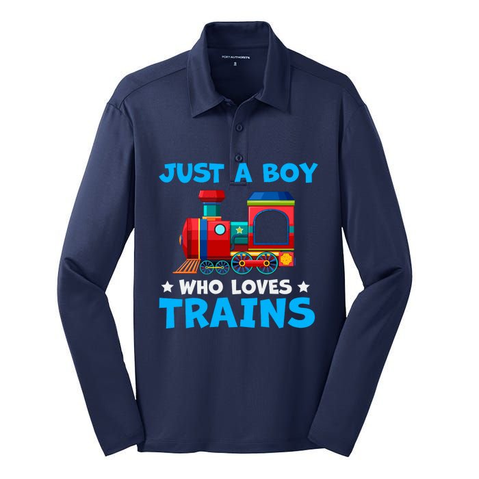 Just A Boy Who Loves Trains Cute Train Lovers Silk Touch Performance Long Sleeve Polo