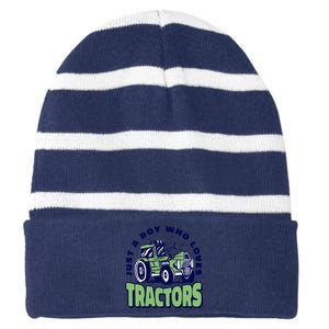 Just A Boy Who Loves Tractors Striped Beanie with Solid Band