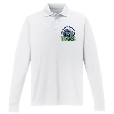 Just A Boy Who Loves Tractors Performance Long Sleeve Polo