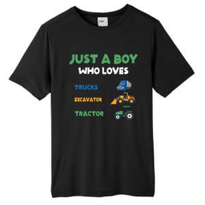 Just A Boy Who Loves Trucks Excavators Tractors Vehicle Tall Fusion ChromaSoft Performance T-Shirt